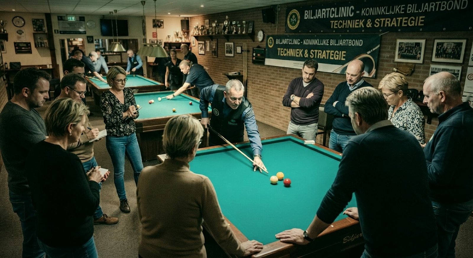 A billiards pro demonstrates a shot to a group of participants around the table during a clinic.